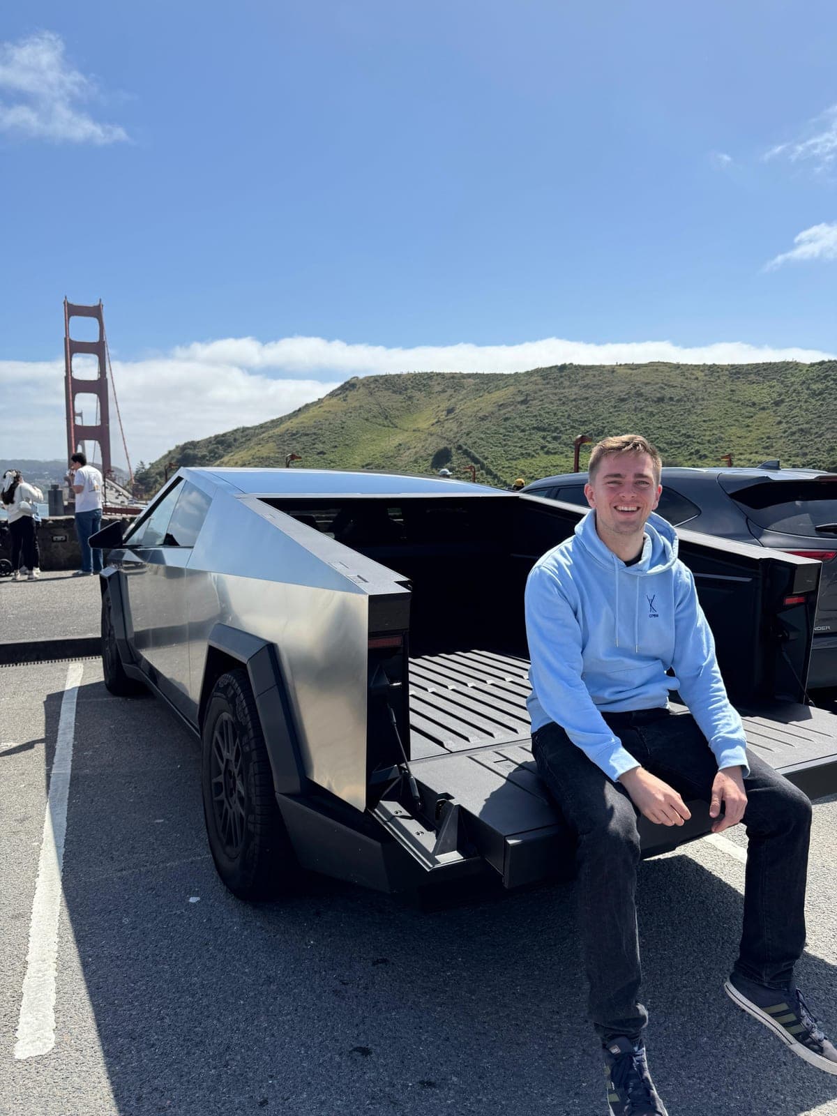 Erik with a Cybertruck by the Golden Gate Bridge